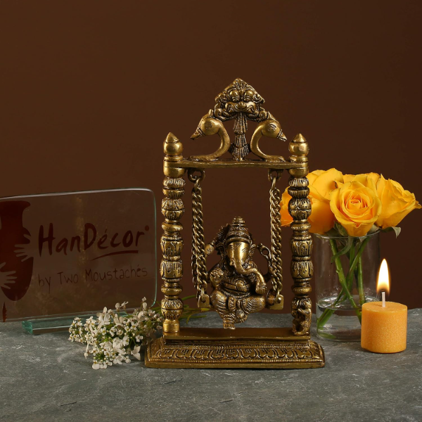 wo Moustaches 100% Pure Brass Ganesha on Swing Jhoola Showpiece, Brass Ganesha Jhula for Home Decor, Brass Temple Decor, Weight - 1.5 Kg, Standard, Antique Yellow, Pack of 1 - Image 4