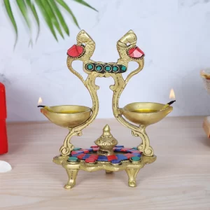 Handcrafted Brass Peacock Diya with Gemstone Work – Twin Wick Ethnic Oil Lamp for Home Temple & Pooja Décor