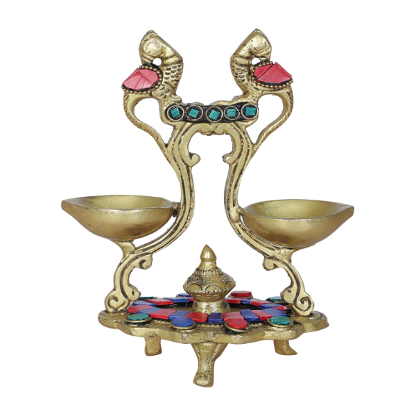 Handcrafted Brass Peacock Diya with Gemstone Work – Twin Wick Ethnic Oil Lamp for Home Temple & Pooja Décor - Image 2