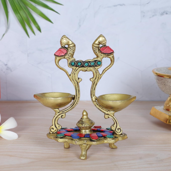 Handcrafted Brass Peacock Diya with Gemstone Work – Twin Wick Ethnic Oil Lamp for Home Temple & Pooja Décor - Image 3