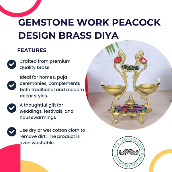 Handcrafted Brass Peacock Diya with Gemstone Work – Twin Wick Ethnic Oil Lamp for Home Temple & Pooja Décor - Image 4