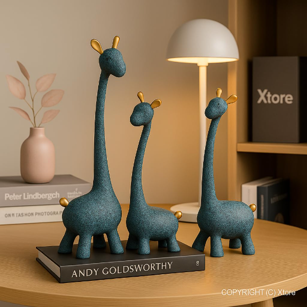 A minimal Blue Giraffe Family Statue placed as an inspiring ornament on a clean office desk.