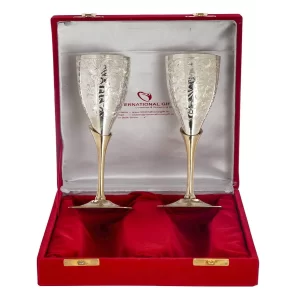 Pair of engraved German Silver wine glasses standing outside their premium red velvet gift box with a carry bag