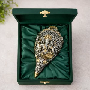 999 Pure Silver & 24K Gold Plated Ganesh Shankh – 5.5 Inch Sacred Dual-Tone Conch Shell for Vastu, Prosperity & Spiritual Pooja Decor | Auspicious Gift for Home & Wealth Attraction
