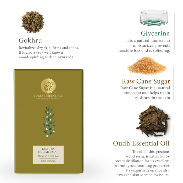 Forest Essentials Oudh & Green Tea Soap: Antioxidant-Rich Bathing Bar | Handmade with Raw Cane Sugar & Cold-Pressed Oils | Pure Ayurvedic Softening Soap | 100% Natural - Image 4