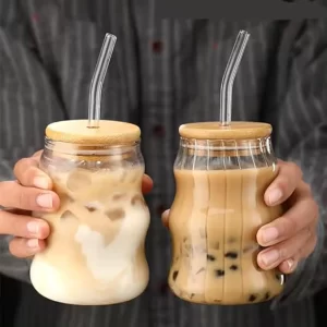 KiKiluxxa 510ml round glass can sipper cup with lid and straw.