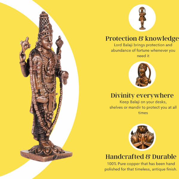 Handcrafted Copper Balaji Idol (2.25 Inch) – Antique Patina Finish Tirupati Balaji Statue for Home Mandir, Spiritual Décor & Gift Item - Image 3