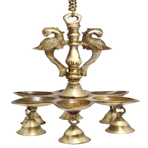 Two Moustaches 9.5 Inch Twin Peacock Brass Hanging Diya with 18-Inch Chain – Decorative Hanging Oil Lamp for Home Decor & Pooja | Traditional Brass Diya (Pack of 1, 1.7 Kg)
