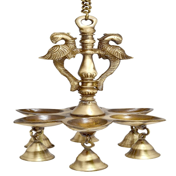 Two Moustaches 9.5 Inch Twin Peacock Brass Hanging Diya with 18-Inch Chain – Decorative Hanging Oil Lamp for Home Decor & Pooja | Traditional Brass Diya (Pack of 1, 1.7 Kg)