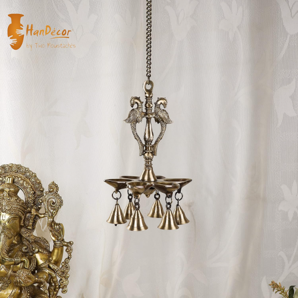 Two Moustaches 9.5 Inch Twin Peacock Brass Hanging Diya with 18-Inch Chain – Decorative Hanging Oil Lamp for Home Decor & Pooja | Traditional Brass Diya (Pack of 1, 1.7 Kg) - Image 2