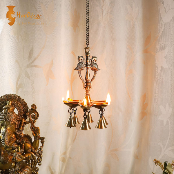 Two Moustaches 9.5 Inch Twin Peacock Brass Hanging Diya with 18-Inch Chain – Decorative Hanging Oil Lamp for Home Decor & Pooja | Traditional Brass Diya (Pack of 1, 1.7 Kg) - Image 4
