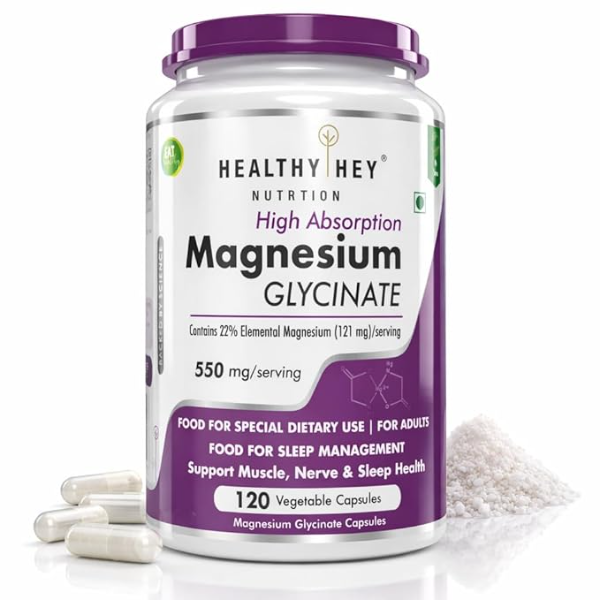 HealthyHey Nutrition Magnesium Glycinate | High Absorption Supplement for Sleep, Muscle Cramps & Nerve Health | 120 Veg Capsules