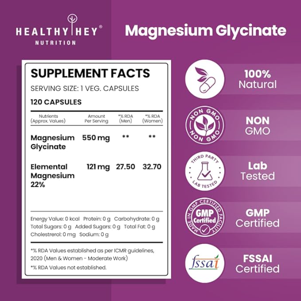 HealthyHey Nutrition Magnesium Glycinate | High Absorption Supplement for Sleep, Muscle Cramps & Nerve Health | 120 Veg Capsules - Image 2