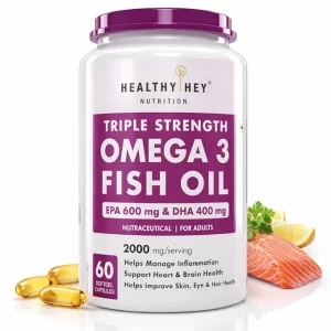HealthyHey Nutrition Triple Strength Omega 3 Fish Oil | 600mg EPA & 400mg DHA | Burpless Softgels for Men & Women (60 Count)