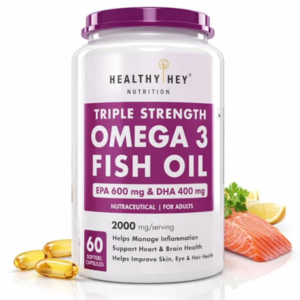 HealthyHey Nutrition Triple Strength Omega 3 Fish Oil | 600mg EPA & 400mg DHA | Burpless Softgels for Men & Women (60 Count)