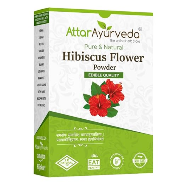 Attar Ayurveda Pure Hibiscus Powder (100g) – Edible & Topical Grade | 100% Natural Gudhal Flower for Hair Growth, Glowing Skin & Herbal Tea | No Preservatives