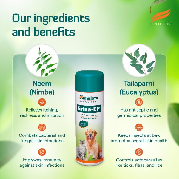 Himalaya Erina-EP 150g Flea & Tick Powder for Dogs & Cats – Natural Neem & Eucalyptus Formula for Skin Health & Pet Hygiene - Image 3