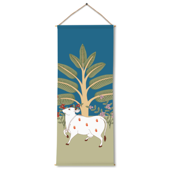 PAPER PLANE DESIGN Indian Pichwai Art Tapestry Wall Hanging – Sacred Cow & Tree Motif, HD Printed Thick Fabric Wall Décor, Ready to Hang for Living Room & Bedroom, 24 x 60 Inches