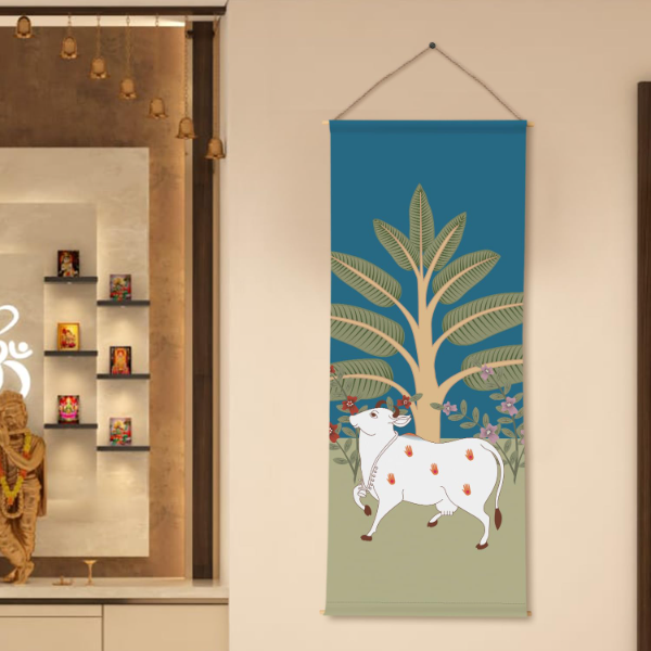PAPER PLANE DESIGN Indian Pichwai Art Tapestry Wall Hanging – Sacred Cow & Tree Motif, HD Printed Thick Fabric Wall Décor, Ready to Hang for Living Room & Bedroom, 24 x 60 Inches - Image 2
