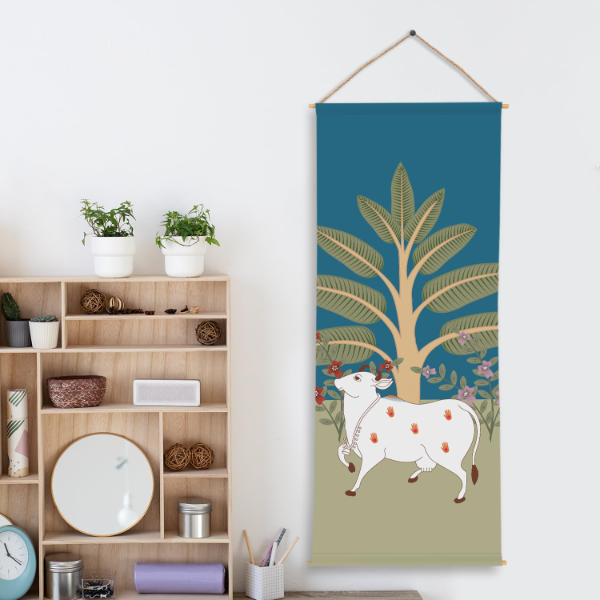 PAPER PLANE DESIGN Indian Pichwai Art Tapestry Wall Hanging – Sacred Cow & Tree Motif, HD Printed Thick Fabric Wall Décor, Ready to Hang for Living Room & Bedroom, 24 x 60 Inches - Image 3
