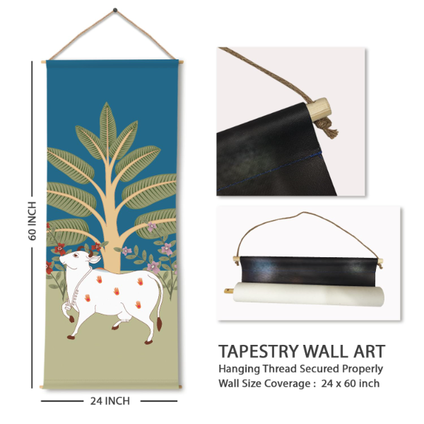 PAPER PLANE DESIGN Indian Pichwai Art Tapestry Wall Hanging – Sacred Cow & Tree Motif, HD Printed Thick Fabric Wall Décor, Ready to Hang for Living Room & Bedroom, 24 x 60 Inches - Image 4