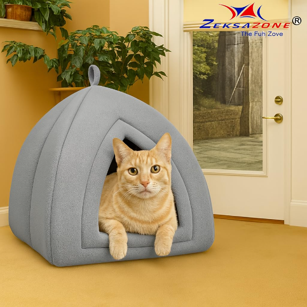 Zexsazone Portable Summer Cat & Small Pet House – Foldable Cozy Cat Cave with Removable Cushion, 2-in-1 Washable Bed for Cats, Kittens, Puppies & Rabbits (Grey, Small) - Image 4