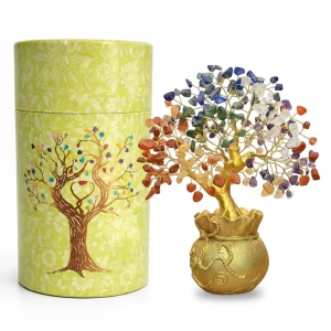 JD FRESH Feng Shui 7 Chakra Crystal Tree with Golden Money Bag Base – Natural Gemstone Bonsai for Home & Office Décor | Good Luck, Wealth & Prosperity Gift for Diwali