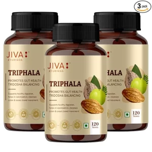 Jiva Triphala Tablets (Pack of 3) - 360 Tablets Total | 100% Ayurvedic Formula for Digestion, Gut Health & Constipation Relief | Natural Detox for Eyes & Hair