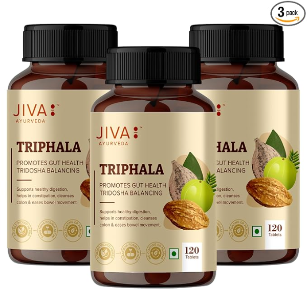 Jiva Triphala Tablets (Pack of 3) - 360 Tablets Total | 100% Ayurvedic Formula for Digestion, Gut Health & Constipation Relief | Natural Detox for Eyes & Hair