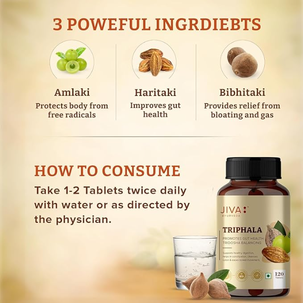 Jiva Triphala Tablets (120 Tablets) | 100% Ayurvedic Formula for Digestion, Gut Health & Constipation Relief | Supports Eye Health & Hair Growth | Tridosha Balance - Image 2