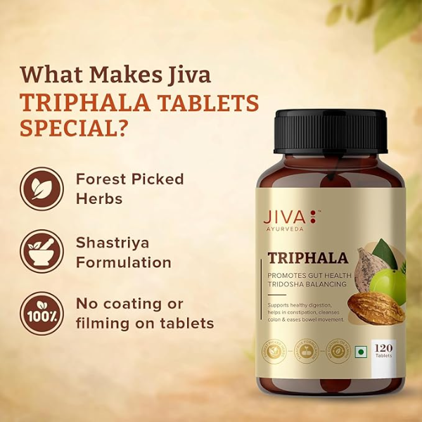 Jiva Triphala Tablets (120 Tablets) | 100% Ayurvedic Formula for Digestion, Gut Health & Constipation Relief | Supports Eye Health & Hair Growth | Tridosha Balance - Image 3