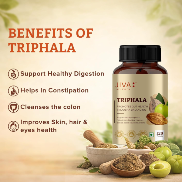 Jiva Triphala Tablets (120 Tablets) | 100% Ayurvedic Formula for Digestion, Gut Health & Constipation Relief | Supports Eye Health & Hair Growth | Tridosha Balance - Image 4