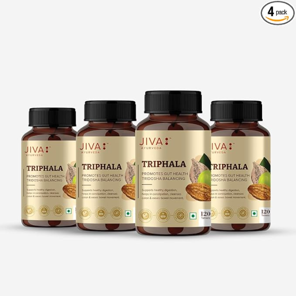 Jiva Triphala Tablets 500mg (Pack of 4) | 480 Tablets Total | 100% Ayurvedic Formula for Digestion, Gut Health & Constipation Relief | Supports Eye & Hair Health | Tridosha Balance