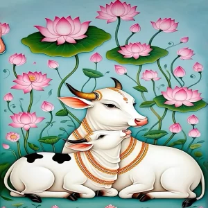 Kamadhenu Cow & Calf Wall Sticker Poster – Traditional Pichwai Art Vastu Wall Decor for Mandir, Home & Room Decoration | Spiritual Hindu Cow Wallpaper