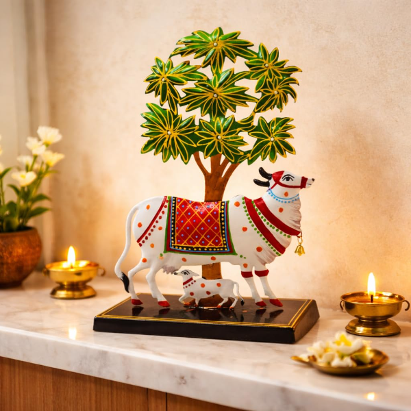 CraftVatika Kamdhenu Cow with Calf Idol for Home Decoration Items for Living Room, Tealight Candle Holder for Pooja Room, Handpainted Rajasthani Showpiece, Wedding Anniversary House Warming Gifts