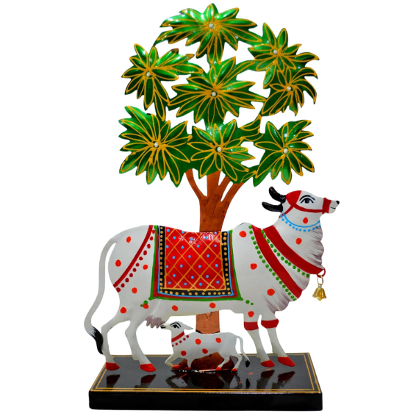 CraftVatika Kamdhenu Cow with Calf Idol for Home Decoration Items for Living Room, Tealight Candle Holder for Pooja Room, Handpainted Rajasthani Showpiece, Wedding Anniversary House Warming Gifts - Image 2