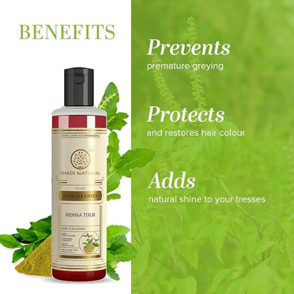 Khadi Natural Henna & Tulsi Shampoo (210ml) | Ayurvedic Hair Cleanser for Dull & Damaged Hair | Natural Conditioning for Softness & Shine | Sulphate & Paraben Free | All Hair Types - Image 2