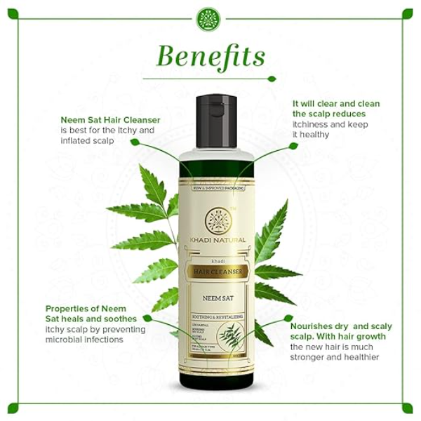 Khadi Natural Neem Sat Shampoo (210ml) | Ayurvedic Hair Cleanser for Thick & Strong Hair | Natural Scalp Purifying Formula for Hair Density | Sulphate & Paraben Free - Image 2