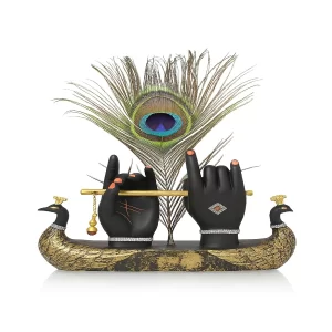 Mariner’s Creation Lord Krishna Hand Showpiece with Flute & Peacock Feather – Black & Gold Metal Décor for Living Room, Pooja Room & Gifting (23 cm)