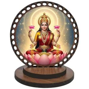 Goddess Lakshmi Idol in Wooden Round Frame – Niya KRAFTS Religious Figurine (10 cm) | Antique Metallic Finish Multicolor Car Dashboard & Home Decor Showpiece