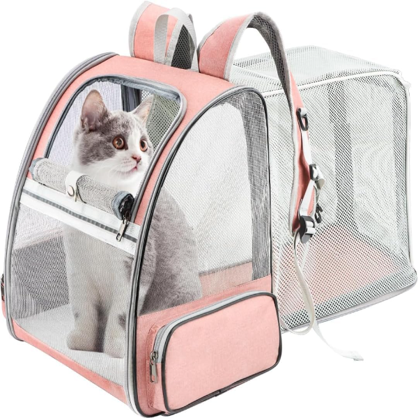LolliMeow Expandable Cat Backpack Carrier – Comfortable & Fully Ventilated Travel Bag for Small Cats, Puppies & Small Pets, Perfect for Outdoor Adventures and Vet Visits (Pink)