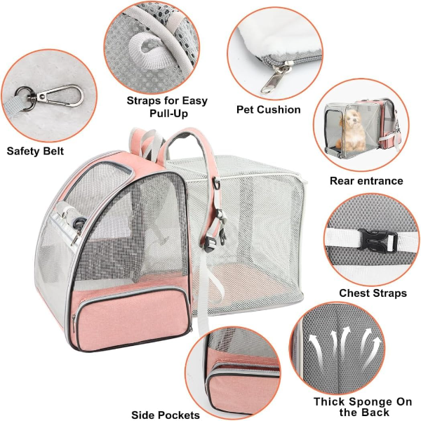 LolliMeow Expandable Cat Backpack Carrier – Comfortable & Fully Ventilated Travel Bag for Small Cats, Puppies & Small Pets, Perfect for Outdoor Adventures and Vet Visits (Pink) - Image 3