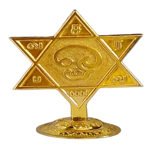 Metal Lord Murugan Om Saravanabhava Idol – Gold Finish Sacred Symbol of Lord Karthikeya | Spiritual Tabletop Decor for Home, Office & Puja Room | Devotional Gift Showpiece