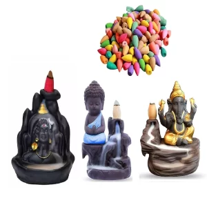 Lord Shiva, Buddha & Ganesha Backflow Incense Burner with 101 Cones – Smoke Fountain Showpiece for Home Decor, Office Desk & Spiritual Gifting