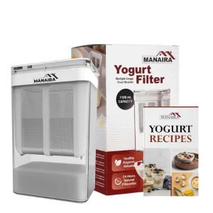 The complete 1100ml Greek Yogurt Strainer Set showing the clear container, stainless steel mesh, and protective lid.