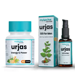 myUpchar Ayurveda Urjas Energy & Power Capsules with Sensual Massage Oil | Ayurvedic Energy, Stamina & Muscle Support for Men | Herbal Veg Capsules with Relaxation & Massage Oil Combo | Supports Strength, Vitality & Recovery | 60 Capsules + 30ml Oil Pack of 2
