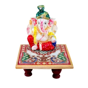 ESPLANADE Marble Chowki with Lord Ganesha Idol – Multicolour Ganpati Murti for Pooja, Home Temple & Spiritual Décor (Small Size 9.5 x 9.5 cm)