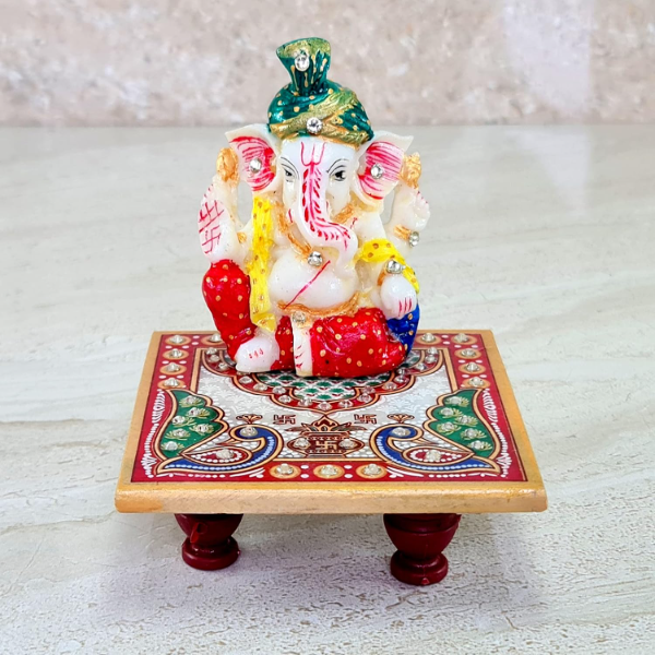ESPLANADE Marble Chowki with Lord Ganesha Idol – Multicolour Ganpati Murti for Pooja, Home Temple & Spiritual Décor (Small Size 9.5 x 9.5 cm) - Image 2
