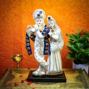 Ekhasa Aura Series Radha Krishna Marble Dust Idol (8 Inch) – White Resin Murti with Zircon Gemstone Work for Pooja, Home Temple & Spiritual Décor