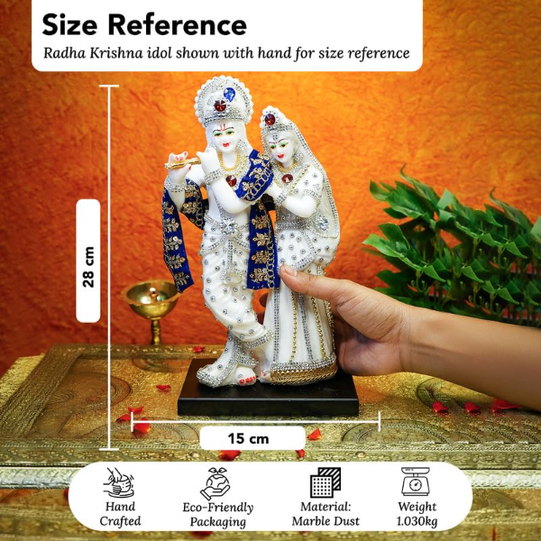 Ekhasa Aura Series Radha Krishna Marble Dust Idol (8 Inch) – White Resin Murti with Zircon Gemstone Work for Pooja, Home Temple & Spiritual Décor - Image 3